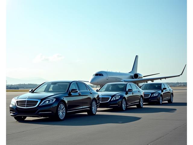 공항 활주로에 착륙하는 비행기를 배경으로 줄지어 서있는 고급 자동차