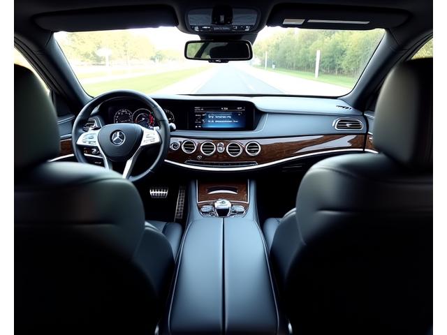 세련된 고급 세단 내부, 운전석 및 뒷좌석